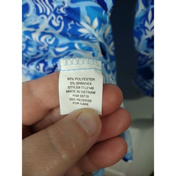 Ny Collection Blouse *M* Blue White Floral Abstract V Neck Roll Tab Sleeve - Picture 8 of 10